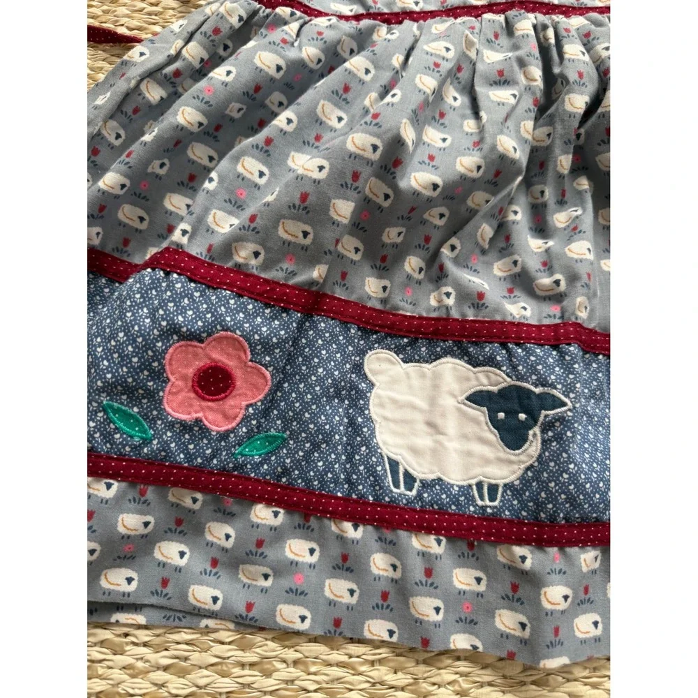 Vintage Toddler Girls Sheep Floral Applique Pinafore Dress Blue Burgundy Size 4T